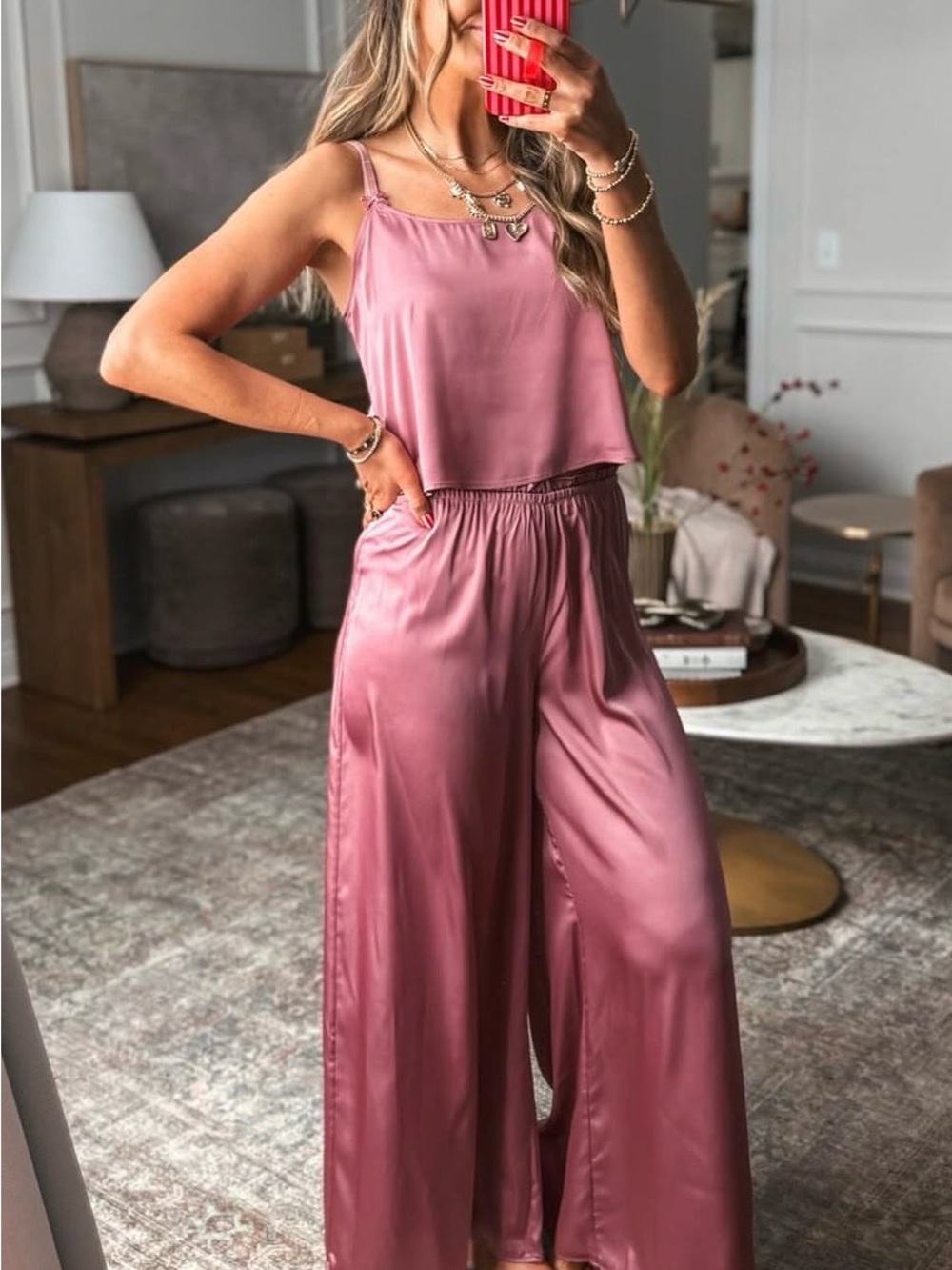 Auden Satin Wide-Leg Pajama Set - Rose
